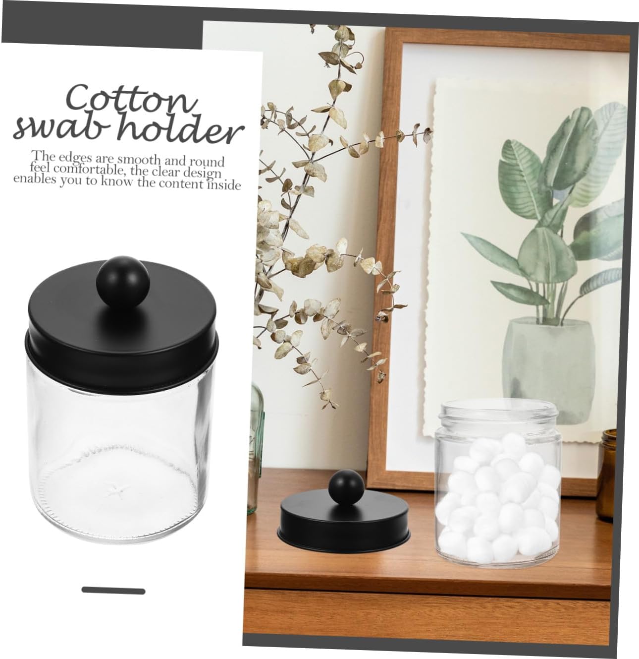 TOYANDONA 3pcs Glass Cotton Ball and Cotton Swab Storage Jars with Black Stainless Steel Lid, Cylinder Canisters for Bathroom Organizer and Vanity Storage