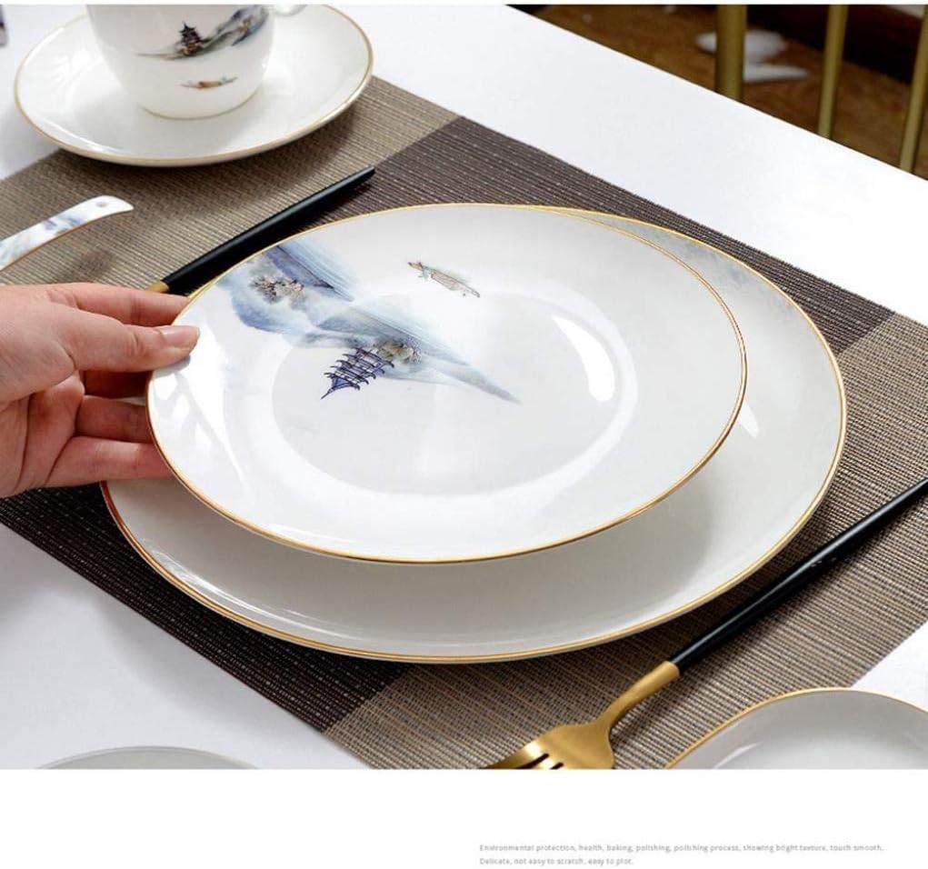 陶器食器、風景画磁器食器8点セットセラミックプレートコンビネーションセットディナープレートデザートプレートボウルとマグカップ