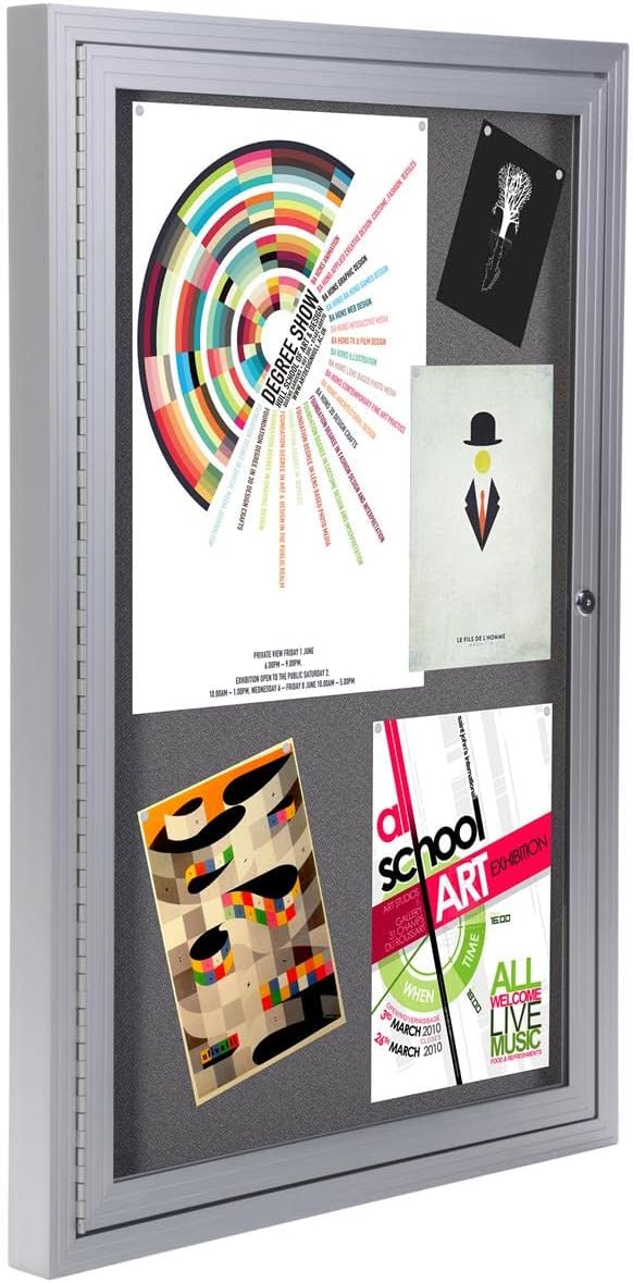 Displays2go 24 x 36 Enclosed Bulletin Board with Locking Door - Silver with Gray Fabric (LGFSVF2436)