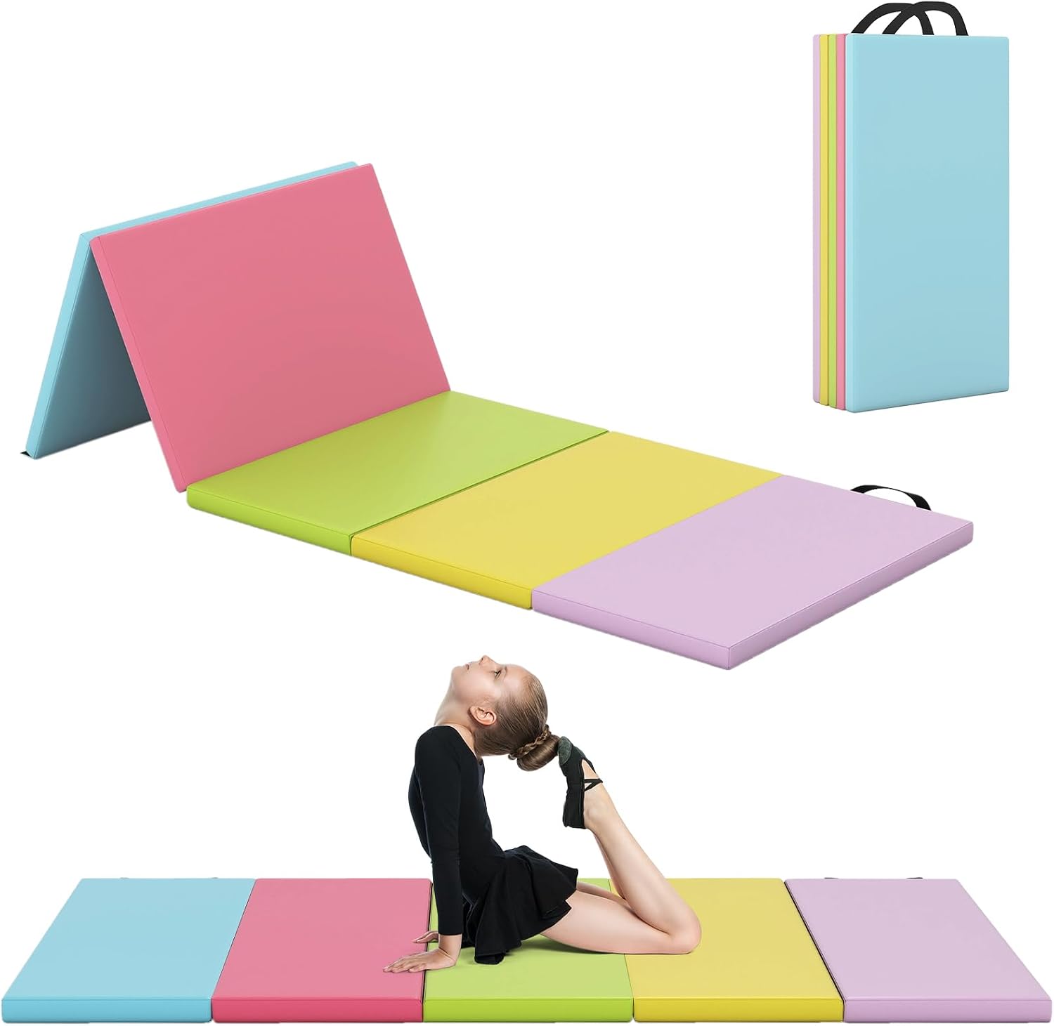FANTASK Folding Soft Floor Mat 200 x 75 cm Fitness Mat Made of PU 5-Way Foldable Gymnastics Mat with Carry Handle Play Mat Sports Mat at Home for Children and Adults Macaroon