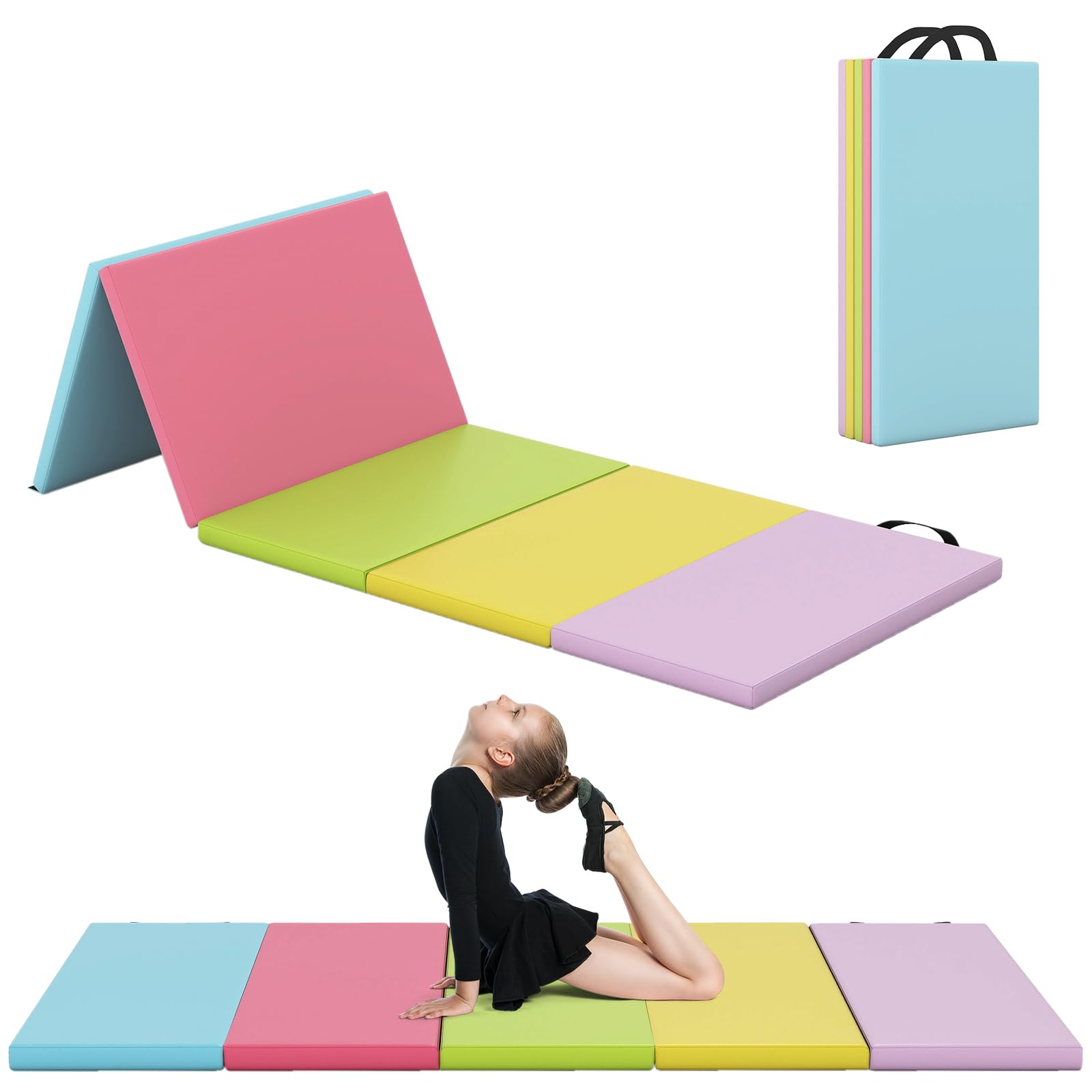 FANTASK Klappbare Weichbodenmatte, 200 x 75cm, Fitnessmatte aus PU 5 fach faltbar, Gymnastikmatte mit Tragegriff, Spielmatte, Sportmatte zuhause für Kinder Erwachsene, Macaron