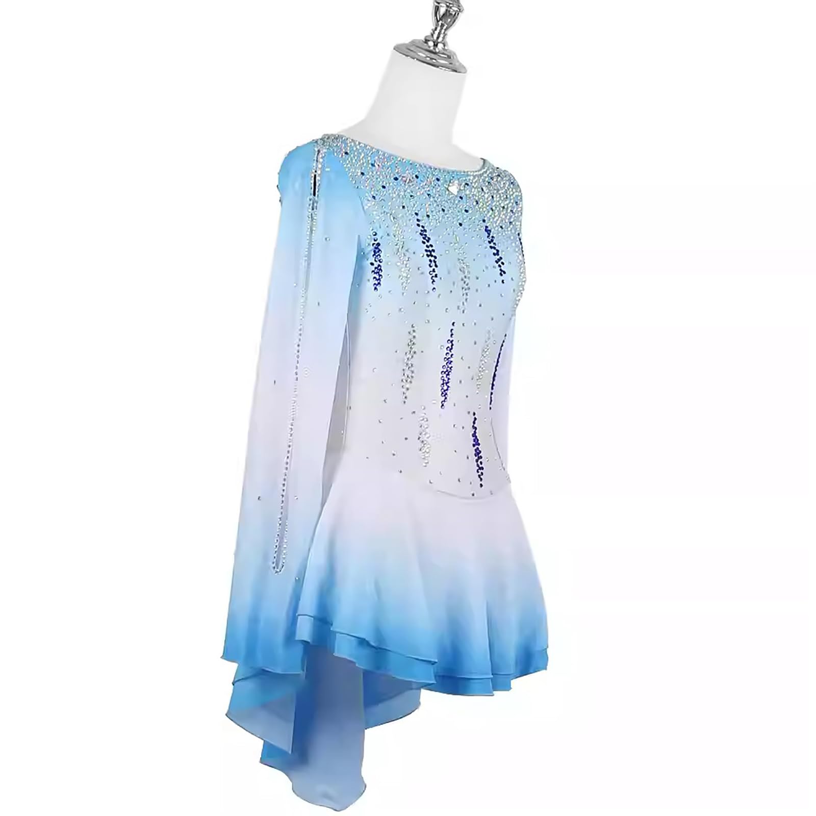 Vestido de patinaje artístico para mujer, alta elasticidad, color azul de manga larga, patinaje artístico, para concurso