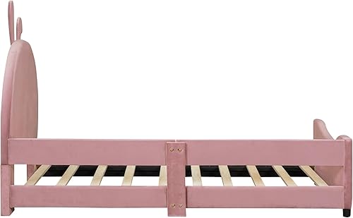 Miniatura 6 de Cama tapizada de tamaño individual con cabecera en forma de conejo, marco de cama de plataforma baja con rieles, sofá cama de terciopelo con soporte