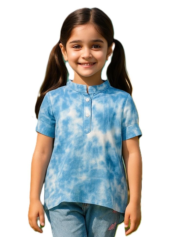 Image of Maaesa Girls Sky Blue Tie & Dye Rayon A-Line Top | Short Sleeves | Mandarin Collar Neck | Lightweight & Breathable | Casual