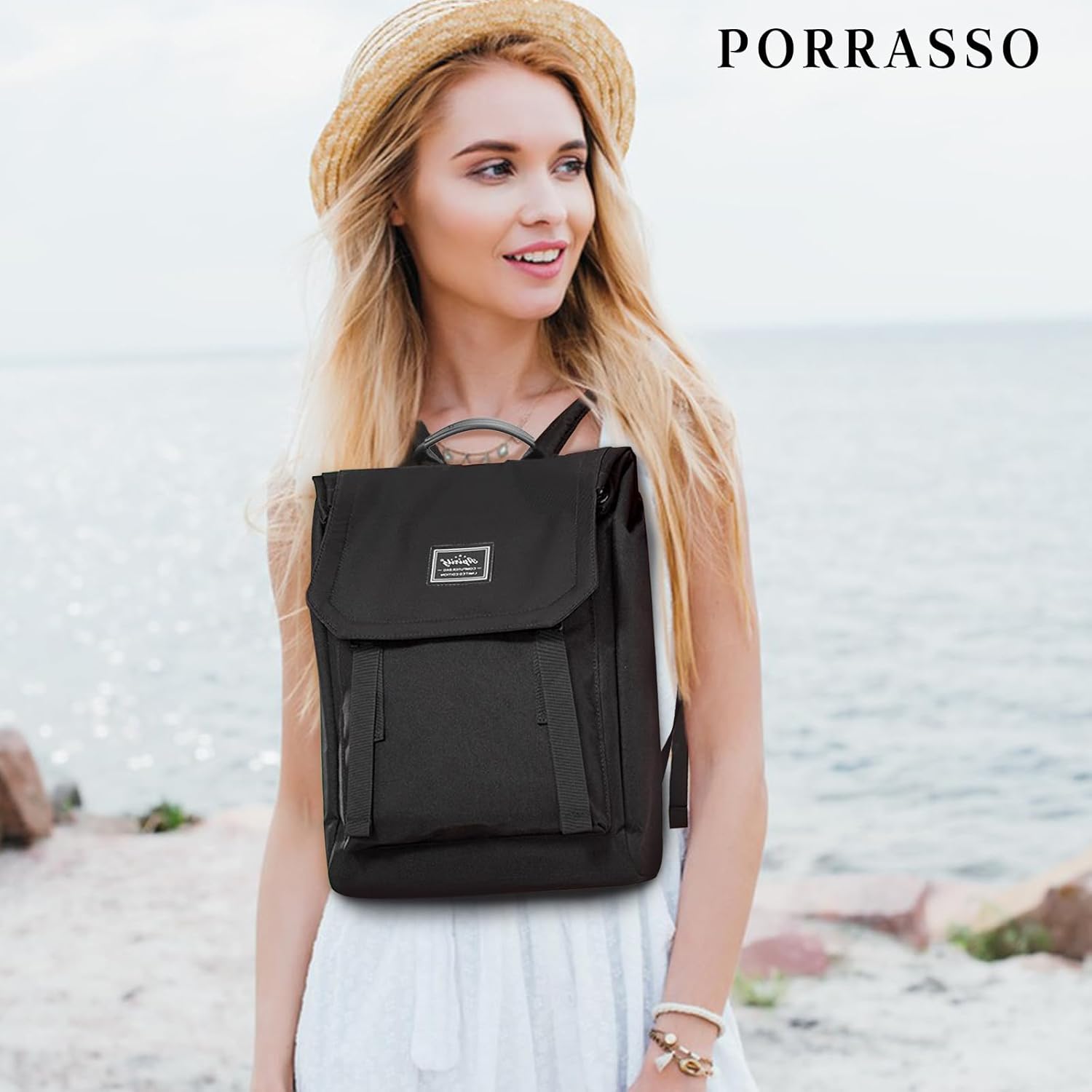 PORRASSO Laptop Backpack Women Daypack Rucksack for 14 Inch Laptop with Luggage Strap Storage Bag Business Waterproof Bookbag Travel Knapsack Black B