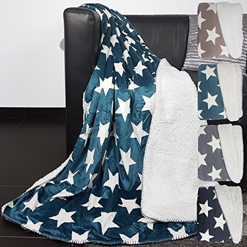 SunDeluxe Wendedecke mit Sternen 2er Set superweiche Kuscheldecke Wohndecke mit glänzender Vorderseite und wärmender Rückseite Tagesdecke, Größe:130 x 160 cm, Farbe:Petrol