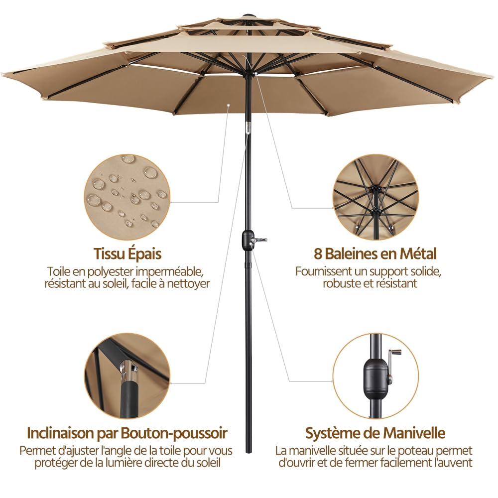 Yaheetech Parasol de Jardin Extérieur 324 cm 3 Niveaux 8 Baleines avec Bouton-poussoir Parasol Inclinable en Polyester avec Protection UV pour Terrasse Jardin Patio Plage Piscine Kaki