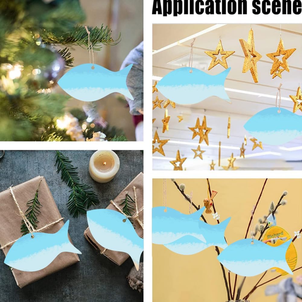 GORGECRAFT 20Pcs 4x2.1 Inch Blank Wood Fish Cutouts Unfinished Wooden Slices with Hole Fish Shaped Wood Gift Tags with 2pcs 2m Hemp Ropes Woodcraft Hanging Ornaments for DIY Sea Theme Party Home Decor