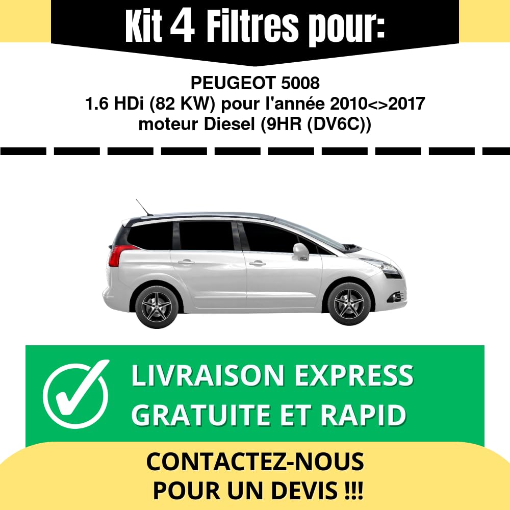 Kit Tagliando 4 Filtri Per PEUGEOT 5008 1.6 HDI DV6C 84KW + Liquido Lavavetri Omaggio - Filtro Aria, Olio, Carburante E Aria Abitacolo