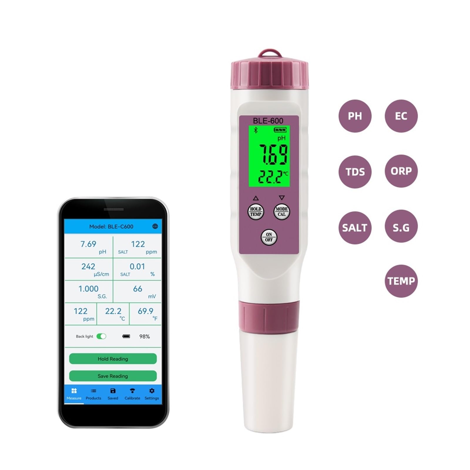 Tester miernika PH, 7 w 1 temperatura ORP EC TDS zasolenie SG miernik PH Online Blue Tooth tester jakości wody kontrola aplikacji do akwarium laboratoryjnego do picia,Woda pitna, Hydroponika, SPA, Br