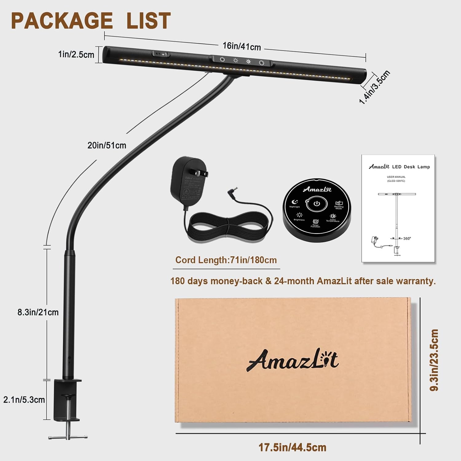 Package contents of the AmazLit Desk Lamp, showing the lamp, clamp, power adapter, remote control, and user manual, all neatly packed in a brown box.