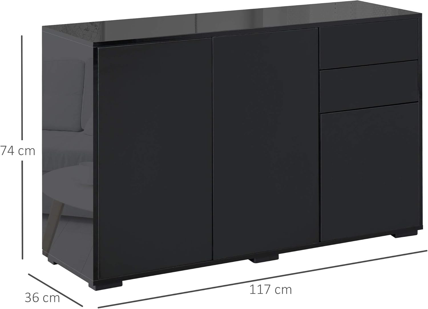 Diagram showing the dimensions of the HOMCOM cabinet: 117 cm length, 36 cm depth, 74 cm height