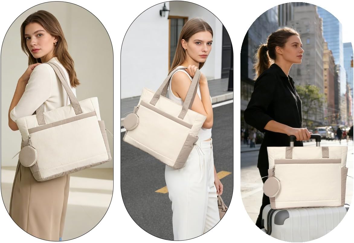 Tote Bag for Women, Puffer Color-block Work Bags with Zipper, Lightweight Shoulder Bag for Laptop Daily Travel