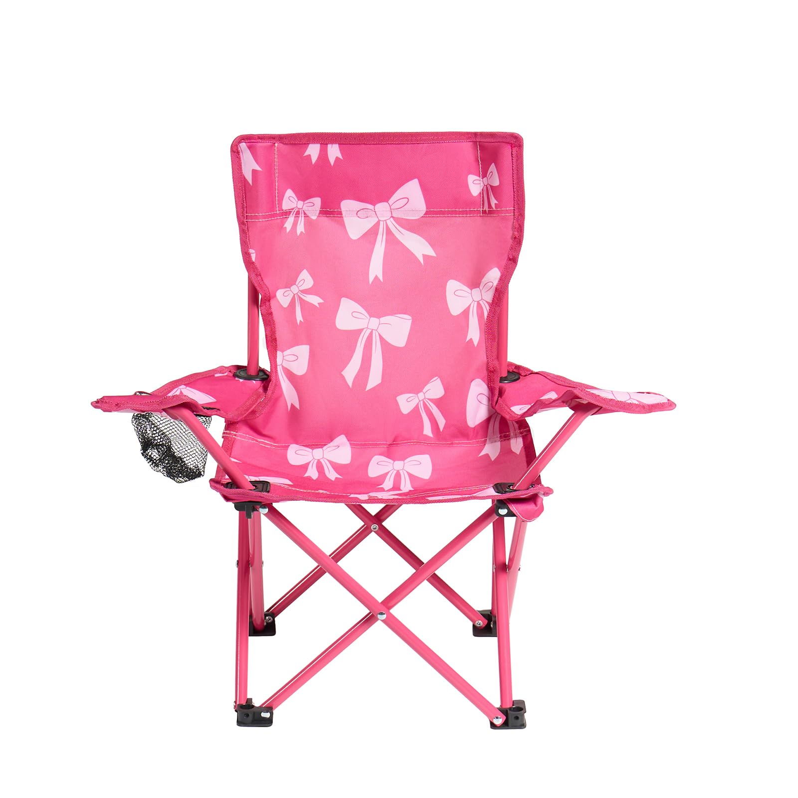OHS Pink Bow Kids Camping Chair, Kids Garden Chair with Drinks Cup Holder Lightweight Compact Comfy Steel Frame Kids Garden Furniture Folding Chairs Perfect for Camping Trips Beach