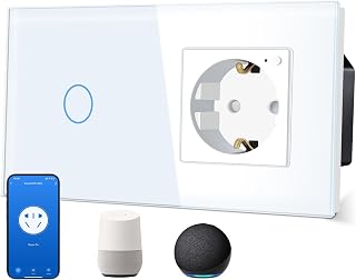 TAWOIA Smart Lichtschalter 1 Fach 1 Weg mit Wlan Steckdose,1 Fach,16A,APP-Steuerung,Arbeit mit Alexa,Glasrahmen,86 * 157mm,Weiß,Wlan Nur 2.4 GHz
