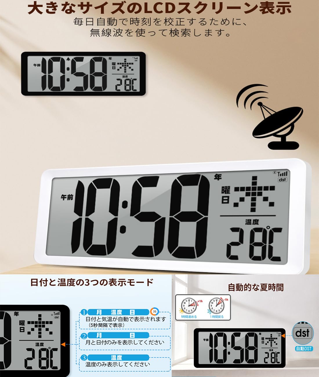 Amazon.co.jp: デジタル時計 電波 LCD大画面 電波時計 大型 全視角表示