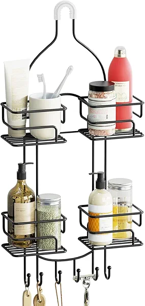 SRIWATANA Shower Caddy Hanging Over Head, Bathroom Shower Organizer Shower Rack Holder with Hooks for Razors - Black