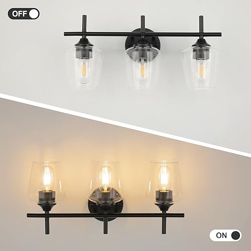 Miniatura 3 de Lámparas de tocador de baño, 3 luces negras sobre el espejo, iluminación moderna de tocador con pantalla de vidrio transparente, lámpara de pared
