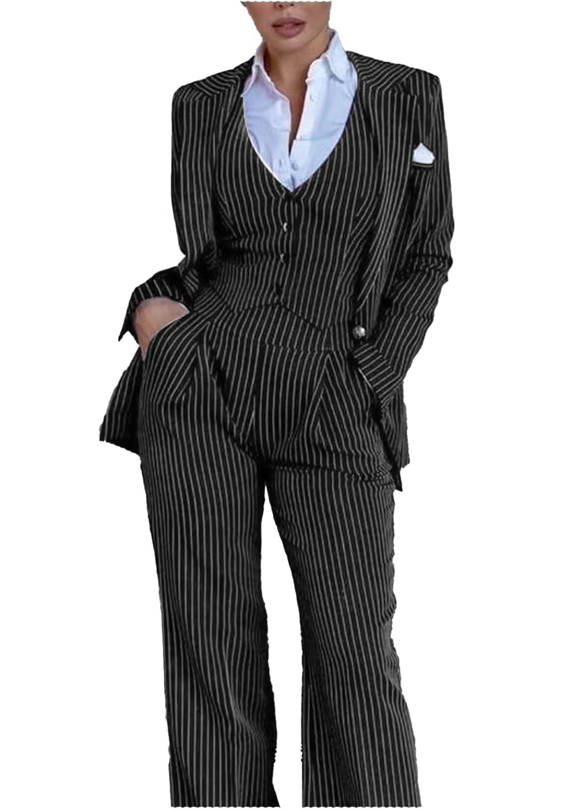 Womens 3 Piece Stripes Suit Set Slim Fit Blazer Jacket Vest Pant Business Outfits
