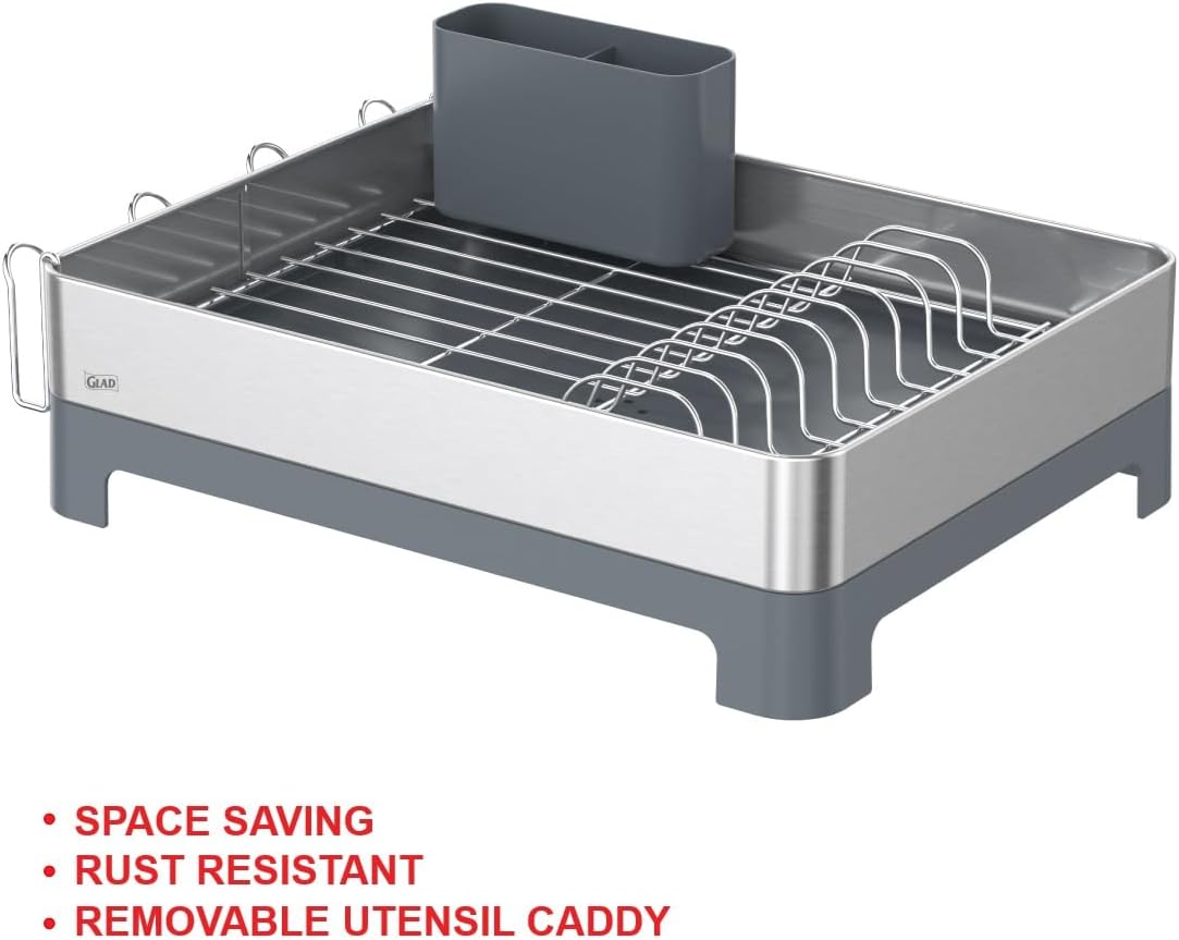 Glad Stainless Steel Dish Drying Rack - Large Space Saving Dish Drainer with Removable Cutlery Holder - Rust-Resistant Metal Rack with Adjustable Drain Spout for Kitchen Countertops, (12.6”W x 17.7”L)
