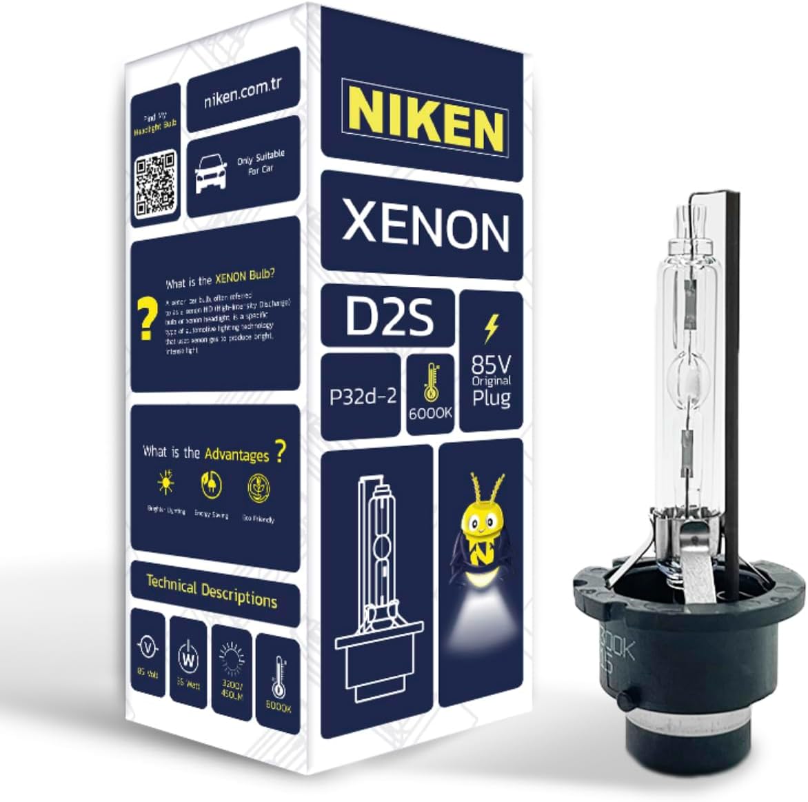 NIKEN D2S 6000K Beyaz XENON Far Ampulü, 85V, 35W, P32d-2, 6000K