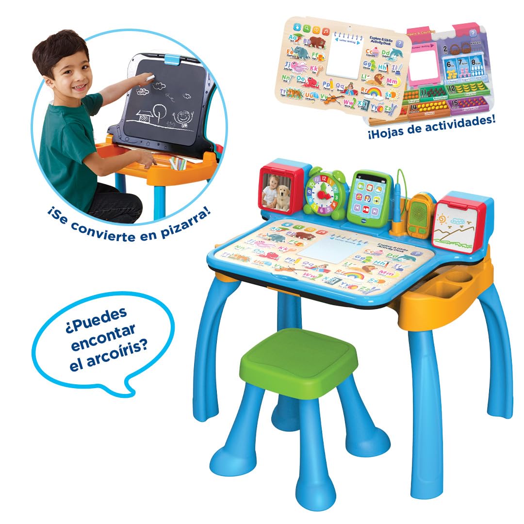 VTech - Escritorio Multiactividades 6 en 1 ¡CREA y Aprende! Centro Educativo Interactivo, Juguete Niños +3 Años, Pizarra, Música, Bloc de Notas, Tablet y Taburete, Letras, Números, Versión ESP