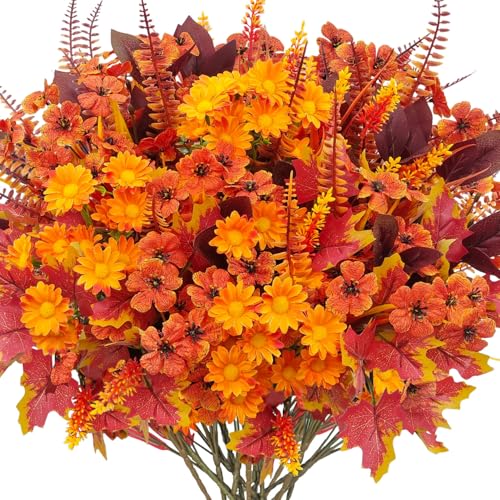 18 Bundles 6 Styles Artificial Fall Flowers Plants for Outdoor UV Resistant