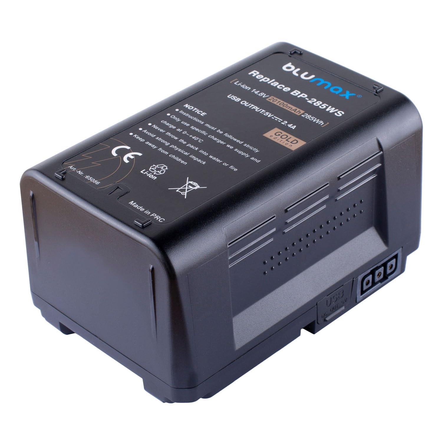 Blumax Gold V-Mount Akku 14,4V 20100mAh 285Wh mit Twist D-Tap USB Ausgang für kompatibel mit Sony Camcorder wie DSR-250P HDW-800P ersetzt BP-285W