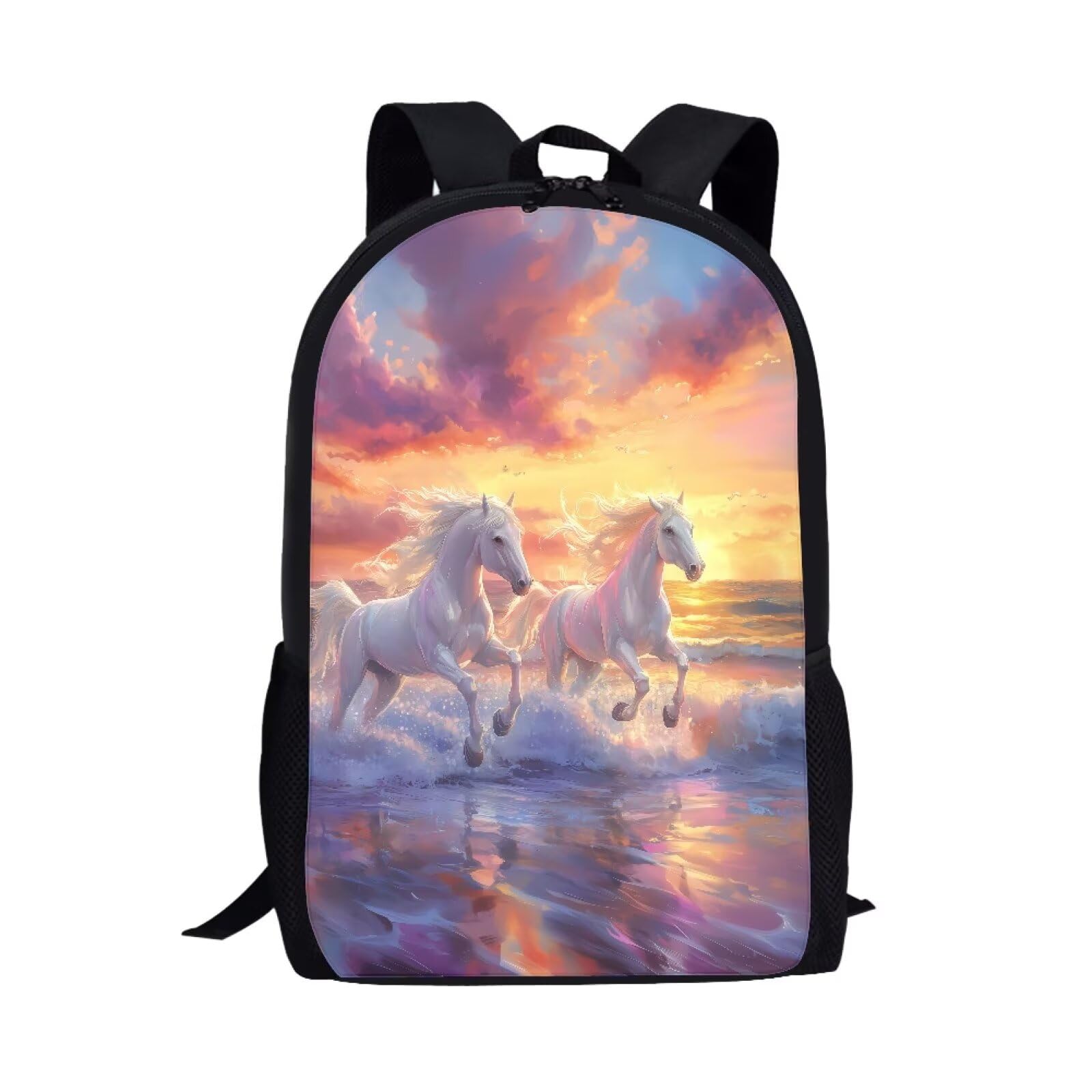 AFPANQZ White Horse Kids Backpack School Bookbag Water Resistant Bookbag Zipper Closure Rucksack Lightweight Daypack Girls Boys Elementary School High