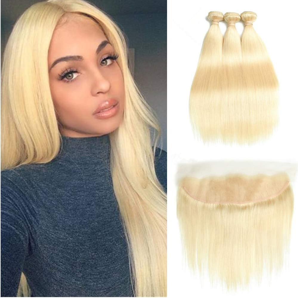 Fabeauty 613 Blonde Human Hair Bundles with Frontal Brazilian Straight with Frontal 100% Virgin Human Hair Weave with 13x4 Lace Frontal (22 24 24+18)