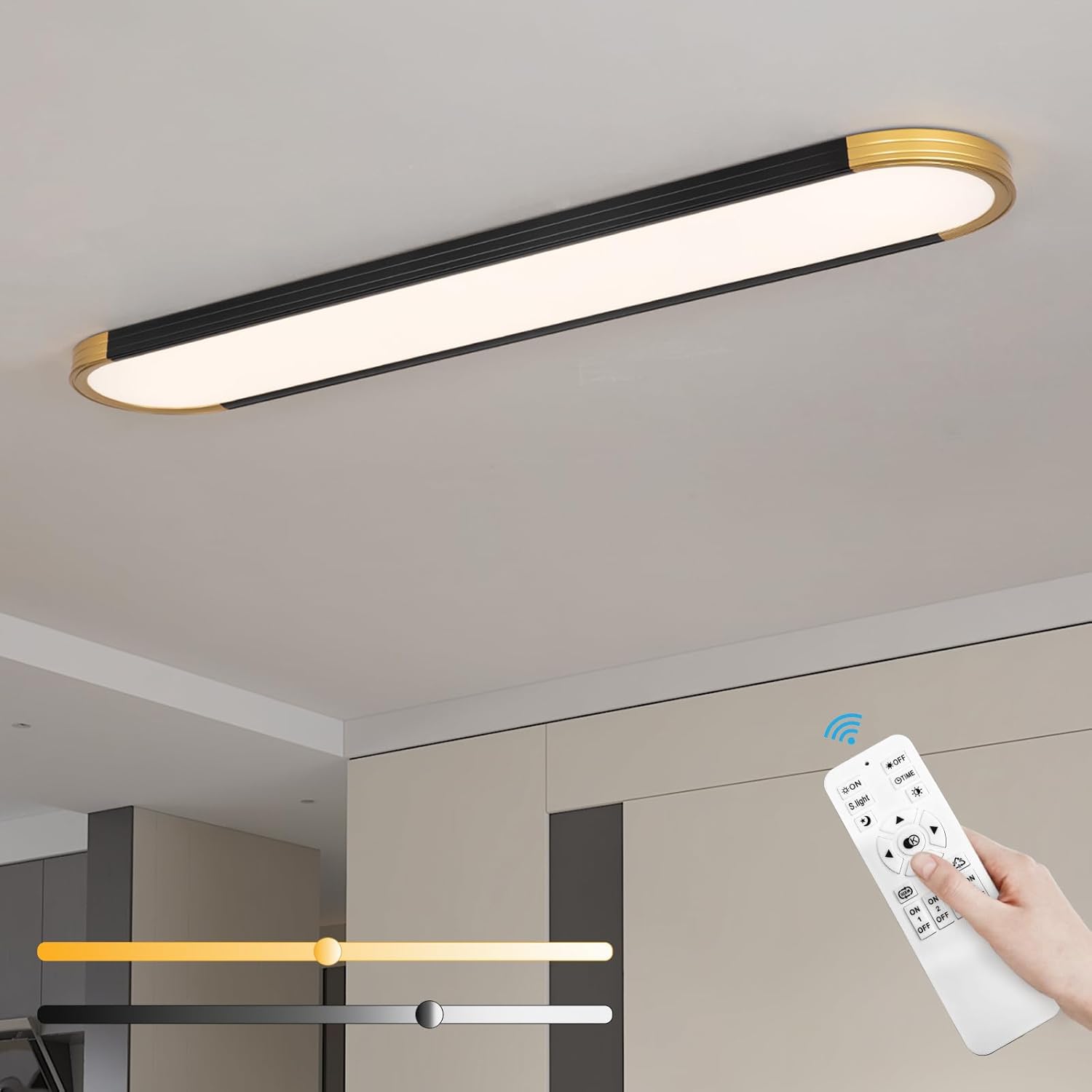 ADISUN 39.4in Linear Ceiling Light, LED Flush Mount Ceiling Lamp with Remote Control, Dimmable Color Changing, High CRI Black Gold Modern Lighting Fixture for Kitchen Living Room Bedroom Hallway