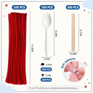 Fork Craft Kit, 100 Set DIY Sporks with Pipe Cleaners and Googly Eyes | Plastic forks, craft sticks, pipe cleaners and accessories for creative designs, home projects, parties and group activities