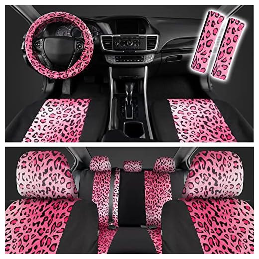carXS Leopard Print Car Seat Covers Full Set, Includes Matching Seat Belt Pads and Steering Wheel Cover, Two-Tone Cheetah Hot Pink Seat Covers for Women, Car Seat Protector Interior Covers