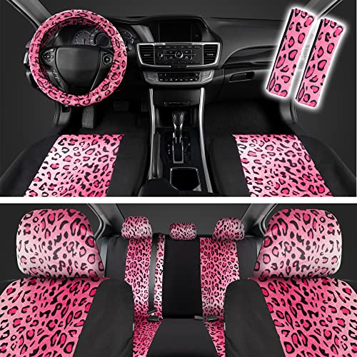 carXS Leopard Print Car Seat Covers Full Set, Includes Matching Seat Belt Pads and Steering Wheel Cover, Two-Tone Cheetah Hot Pink Seat Covers for Women, Car Seat Protector Interior Covers by BDK - Used condition - CA$38.66