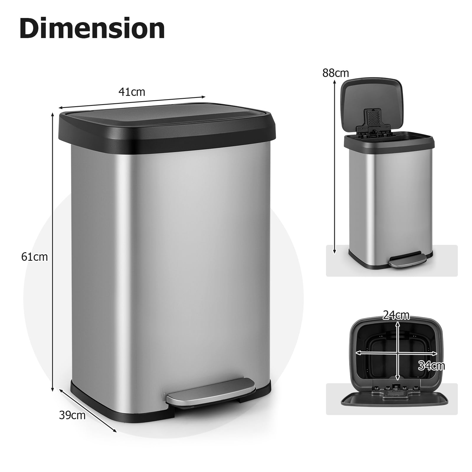 GOPLUS Abfalleimer Edelstahl, 50L Treteimer mit sanft schließendem Deckel, Griffe & Metallpedal, Mülleimer geruchsdicht für Küche, Bad & Wohnzimmer, Silber