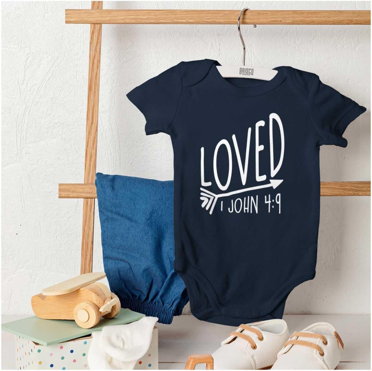 Brisco Brands Loved John 4:9 Christian Arrow Baby Bodysuit Jumper Girls
