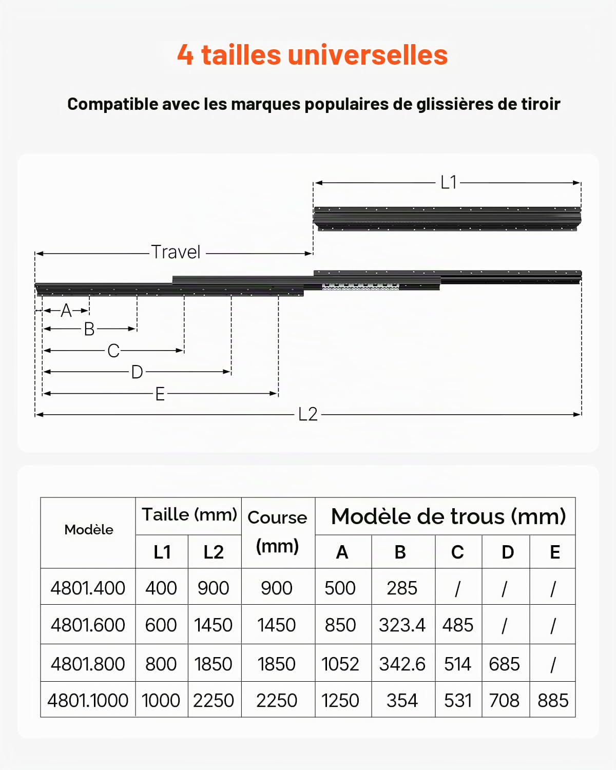 VEVOR Glissières de Tiroir sous Escalier, 800 mm, Coulisses de Tiroir à Roulement à Billes à Extension Complète, Capacité de Charge 117 kg, Rails d'Armoire Inférieur Robustes, pour Bricolage, Noir