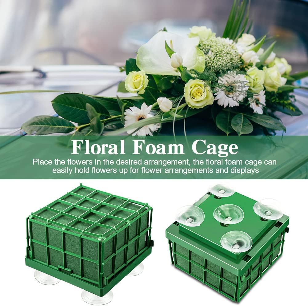 Xiaokeis 2 Floral Foam Cage with Suction Cups for Flower Arrangements, Square Floral Foam Cage Flower Holder for Fresh Flower Arrangement and Wedding Car Decorations(Green)