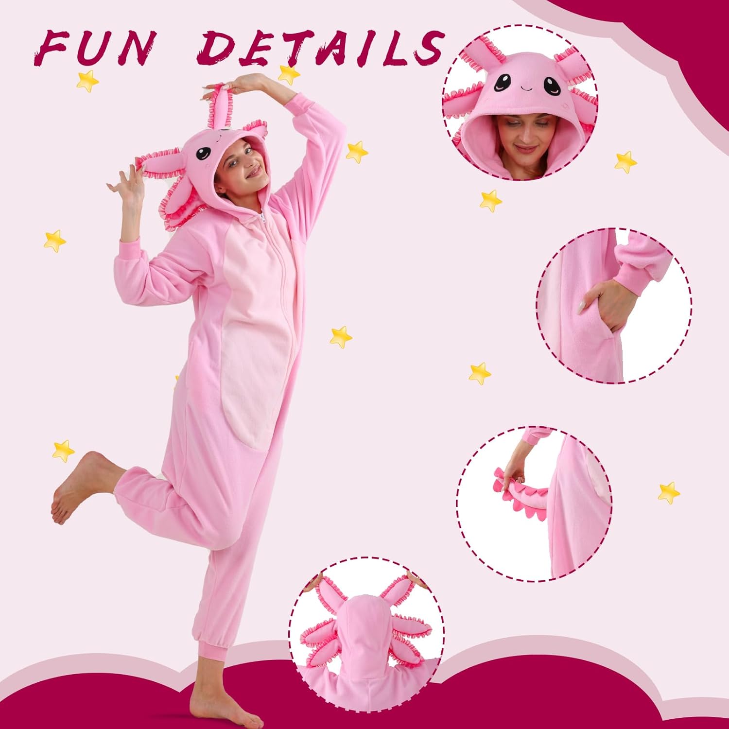Axolotl Animal Adult Onesie Pajamas Cosplay Halloween Costume Sleepwear Jumpsuit Costume for Women Men L Pink - Image 3