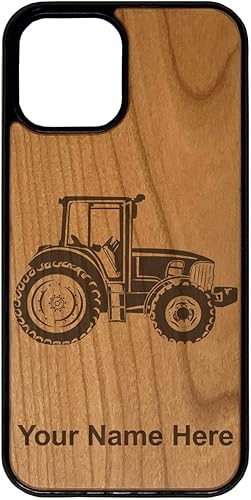 Funda de madera natural compatible con iPhone, tractor agrícola, grabado personalizado incluido (madera de cerezo)