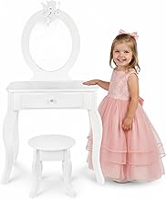 Green series Kids Dressing Table Wooden Dressing Table with Mirror and Stool, Toalet Table with Drawer and Stickers for Kids Wooden Dressing Table for Kids Bedroom Gift for Girls
