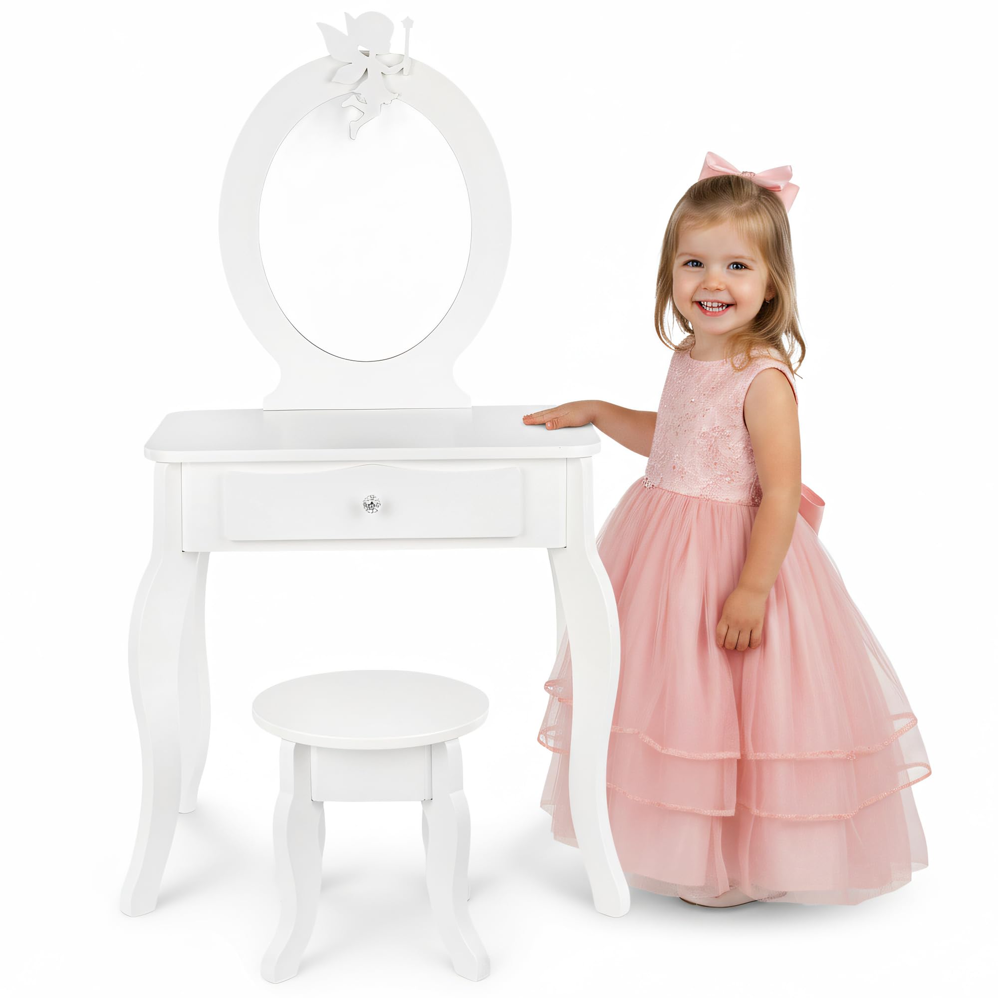 Green series Tavolo da toeletta per bambini in legno con specchio e sgabello, tavolo da toalet con cassetto e adesivi, per bambini, in legno, per la cameretta dei bambini, idea regalo per ragazze