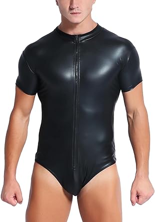 Panegy Mens Faux PU Leather Jumpsuit Shiny Leather Bodysuit Pole Dance Leotard Adult Onesie Singlet