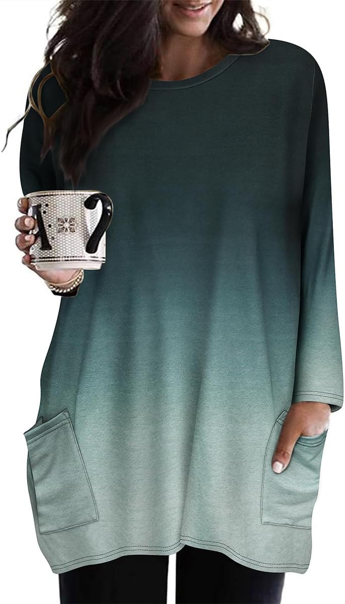 RITERA Plus Size Top for Women Long Sleeve Tunic Tops Winter Shirts Fall Casual T-shirts with Pockets Crewneck XL-5XL