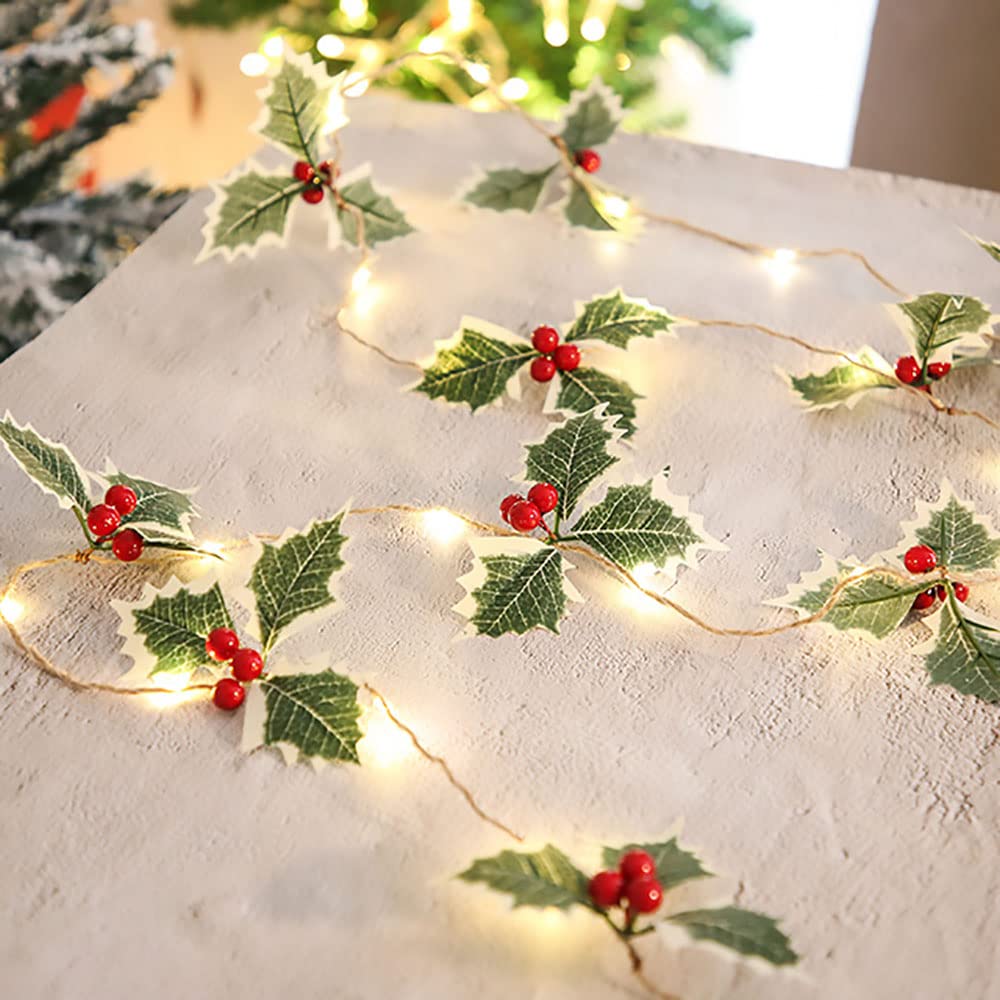 Guirnalda de Navidad con luces, 20 luces LED de 6.56 pies, funciona con pilas, guirnalda de hojas de bayas rojas, guirnalda de árbol de Navidad, decoración de interiores, luces cálidas para