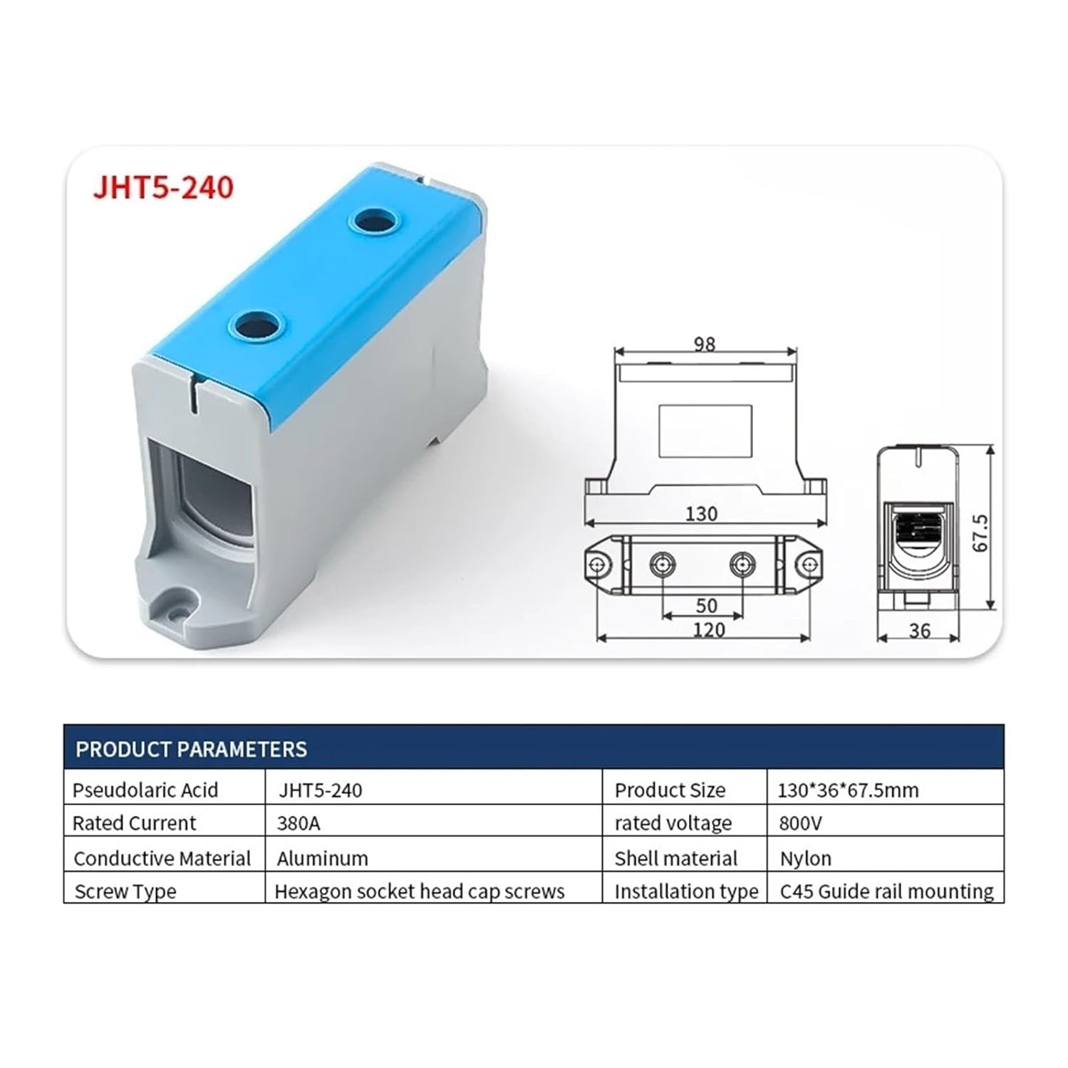 JHT5 240mm² Terminal Block Aluminum/Copper DIN Rail Cable Dust Cover Power Distribution High Power Terminal Block High Current Box(JHT5-240-1-BE)