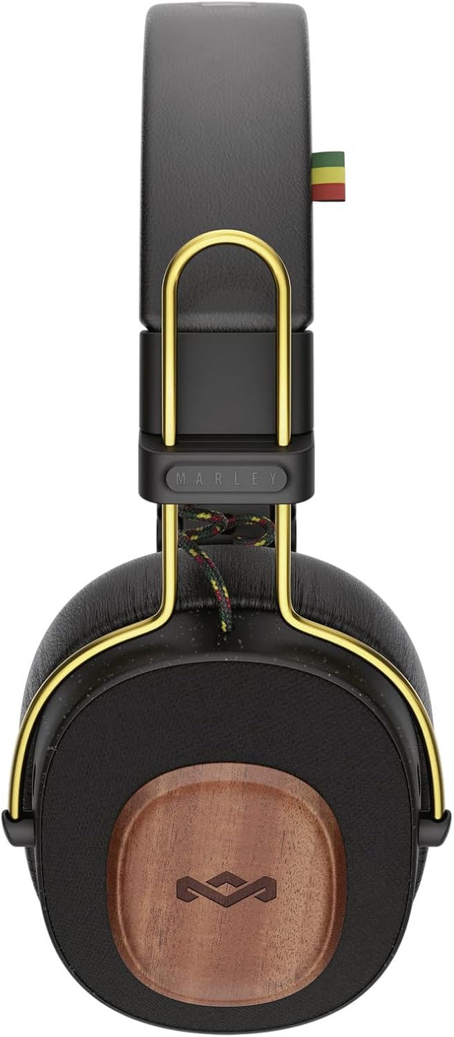 Close-up of the right earcup of the House of Marley Positive Vibration Riddim headphones, showing the control buttons and USB-C port.