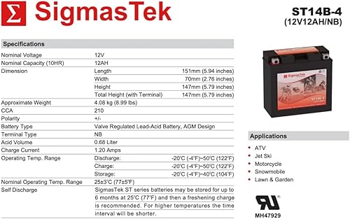 Miniatura 3 de Batería de motocicleta SLA compatible con GT14B-4 de SigmasTek, ST14B-4 210CCA