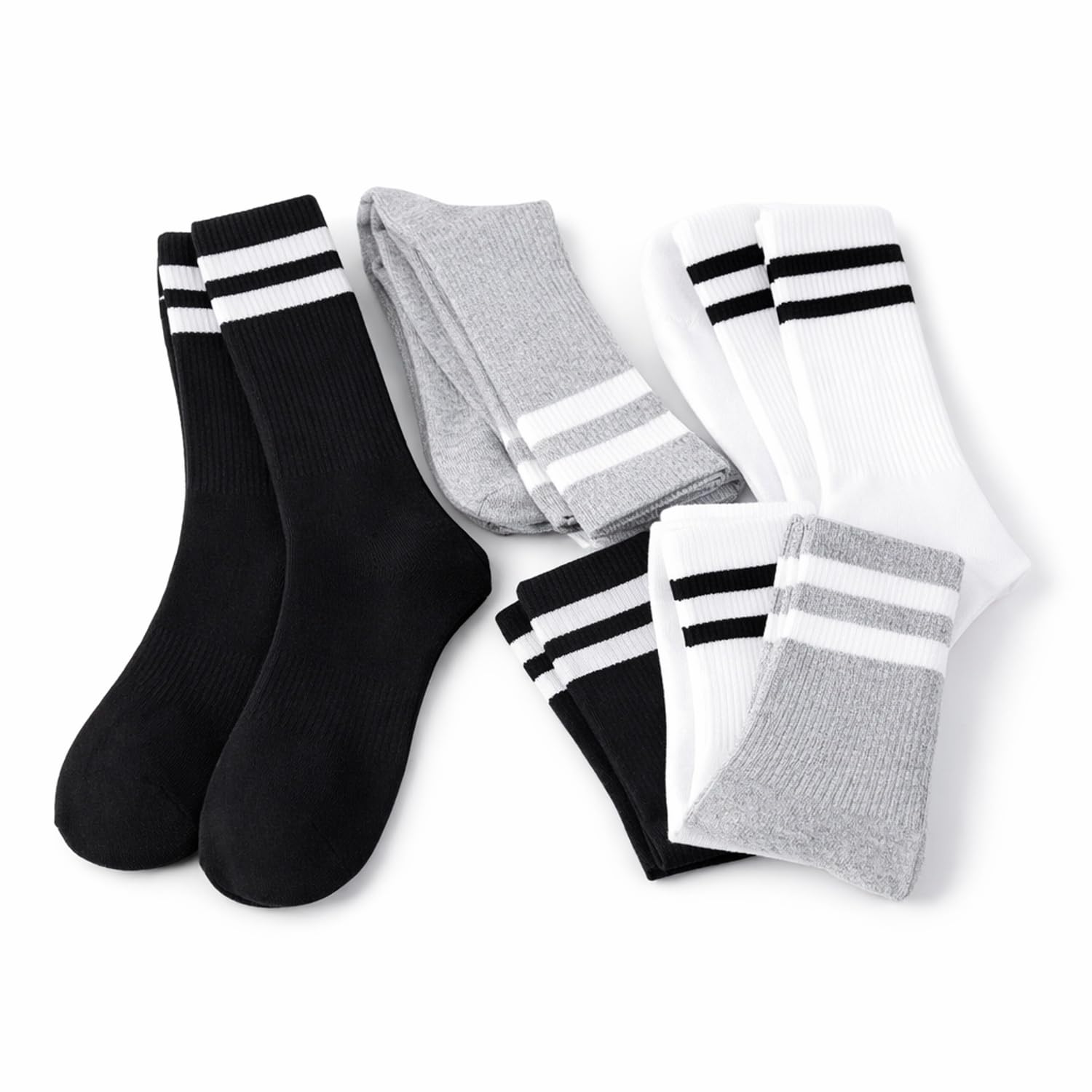 Crew Athletic Socks for Men and Women, Striped, Black, White and Grey, for Gym, Running and Regular Wear, 3 Pack