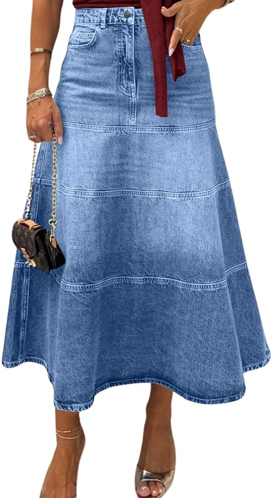 CHOUYATOU Women's Retro High Waist Jean Skirt Distressed Casual A-Line Midi Long Denim Skirt with Pocket
